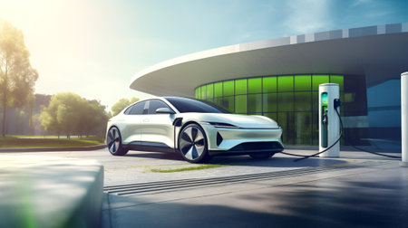 Electric car being charged at a solar-powered charging station. Modern charging station, eco-friendly, highlighting the synergy between solar energy and electric vehicles.Banner. Generative Ai.の素材