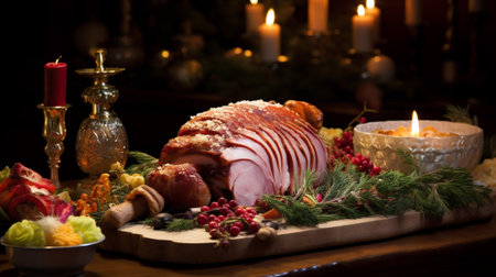 Scandinavian Christmas buffet with Christmas ham as the centerpiece. Style minimalist, highlighting the simplicity of Nordic design. Banner. Generative Ai content.の素材