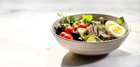 Bowl âNicoise Salad on marble table. Healthy food. Banner. Generative Ai contentの素材