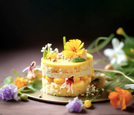 Vegan Bento Cake with flowers on vibrant and spring-themed background. Trendy holiday dessert.Close-upの素材