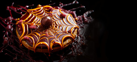 Halloween cake with with caramel spider web decor on dark background. Close-up. Banner.の素材