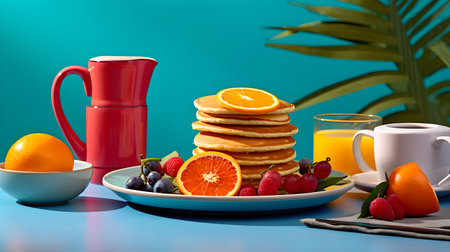 Stack of pancakes and a red coffee pot. Colorful breakfast.の素材