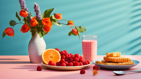 Belgian waffles and berry cocktail on a green background with sun rays. Colorful breakfast.の素材