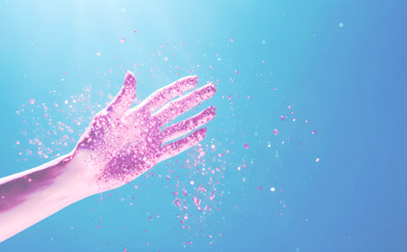 Glitter falling on women hand from above on blue background. Neon pink visual escapism, vibrant surreal world.の素材