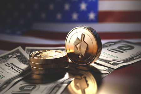 American currency dollar symbol and American flag in the background global crisis. Close-up, banner.の素材