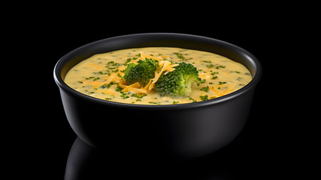 Broccoli cheddar soup in black bowl, dark isolated background. Banner.の素材