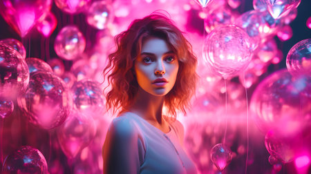 Portrait of young woman against the backdrop of esoteric world in shades of pink. Mystical escapism. Banner.の素材