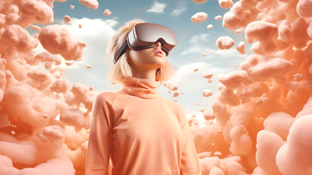 Teenager girl, Generation Alpha wearing VR headset in immersive gaming experience against backdrop of surreal reality in Peach Fuzz colors. Metaverse and blockchain technologyの素材
