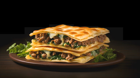 Borek flatbread with minced meat and cheese on brown plate. Middle Eastern dishes. Close-upの素材