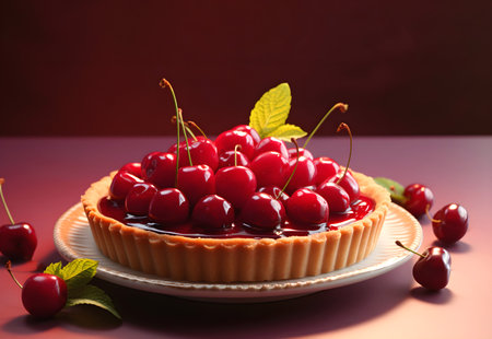 Tart with cherry filling on red background. Close-up, selective focusの素材
