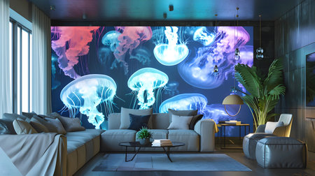 Living room, walls with a holographic multi-colored pattern of jellyfish.Trendy interior decor, future technology. Close-up.の素材