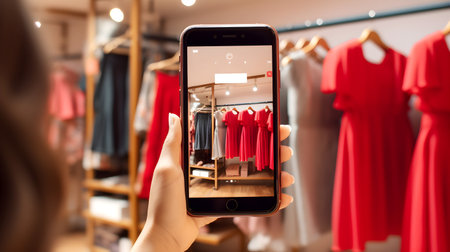 Female hand taking photo of red dress on mobile phone in clothing storeの素材