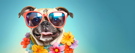 Funny dog wearing summer clothes and sunglasses with flowers on blue backgroundの素材