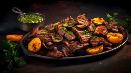 Anticuchos, roasted beef heart with fried pumpkin slices, herbs and chimichurri sauce on cast iron tray, Traditional Latin American cuisineの素材