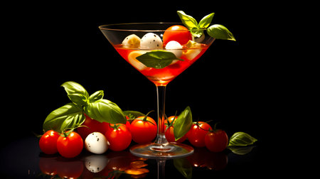 Alcoholic cocktail Caprese Martini with cherry tomatoes, mozzarella and basil on black backgroundの素材