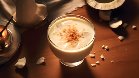 Coconut milk cocktail in glass on wooden table. Authentic Coquito or Coconut Eggnog in glass beer.Latin American drink.の素材
