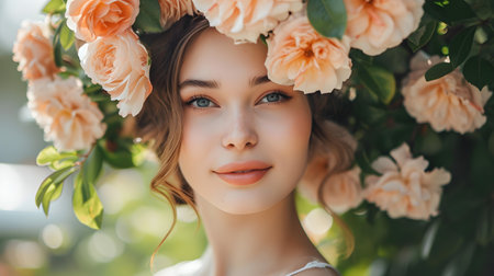 Portrait of young woman with peach flowers. Hello Spring. Copy space. Bannerの素材