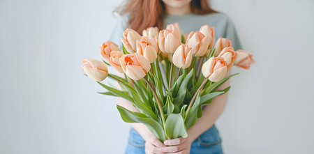 Cropped portrait of young woman wearing gray t-shirt with bouquet of spring peach tulips stands near the wall background. Copy spaceの素材