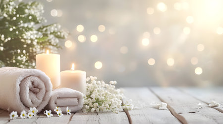 Spa still life with candles, towels and flowers on wooden backgroundの素材