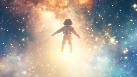 Astronaut Teenager in space suit soars in golden starry galaxy space. New Futurism.の素材