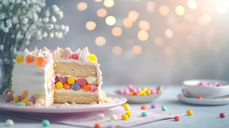 Cake with jelly candies and colorful dragee on a light backgroundの素材