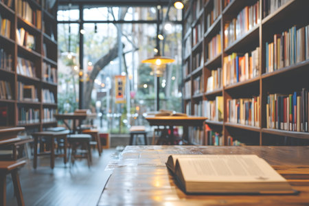 Bookstore-cafes in cities, social learning experiences. Blurred bookshelfの素材