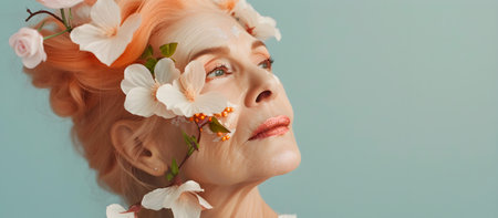 Surreal portrait senior woman with peach hair and delicate flowers on her face. International Womens Day. Color of the year 2024の素材