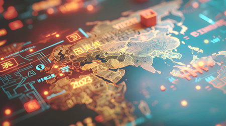 Virtual world map displaying global network of users, money transfer and currency signs.の素材