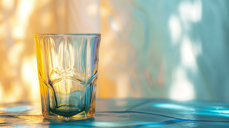 Abstract background with glassfules of Fluted Glass and peach branches. Yellow-blue texture with shadows, harmonious balance. High quality illustrationの素材