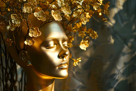 Golden woman's head with flowers on the background of a curtain.の素材