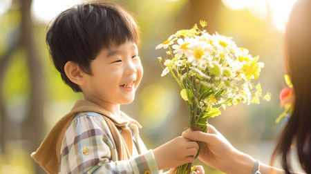 Happy asian little boy giving flowers to his mother in the park Mother's day. High quality photoの素材