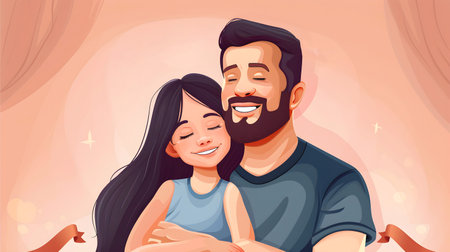 Portrait of a happy father and little girl on a peach background. Father's day. Banner.の素材