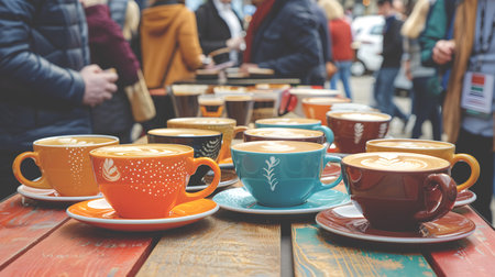 Colorful cups of coffee on the street cafe terrace. London Coffee Festival, selective focus.の素材