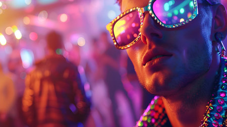 Portrait of handsome young man in trendy sunglasses dancing at a party in style 80, neon background.の素材
