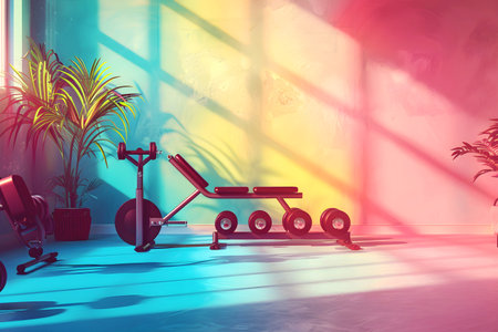 Modern Mini Home Gym with equipment and sunlight. Copy space.の素材