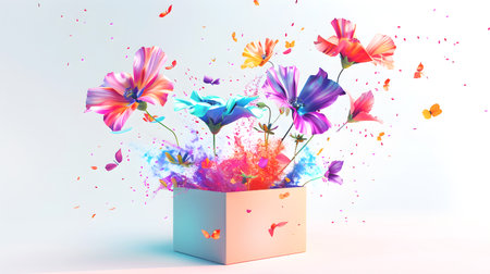 Colorful flowers in a gift box on white background. 3d renderingの素材
