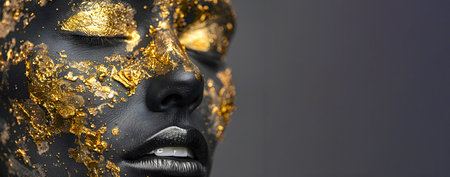 Portrait of a beautiful woman with black bodyart and gold paint on her face.の素材
