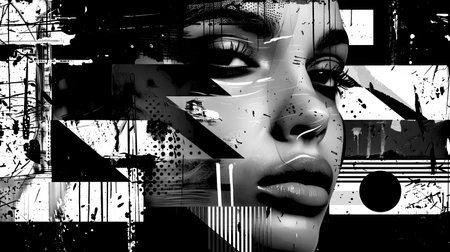 Art collage with portrait of beautiful woman face on abstract grunge background. Black and white.の素材