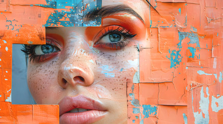Art collage. Close-up portrait of a beautiful young woman with creative make-up in peach tonesの素材