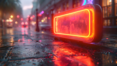 Night city street with empty red billboard and traffic lights on wet asphalt. Blurred background.の素材