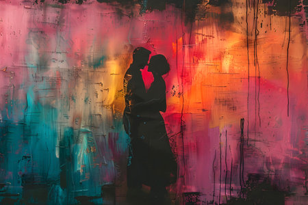 Silhouette of a loving couple on a background of colored graffitiの素材