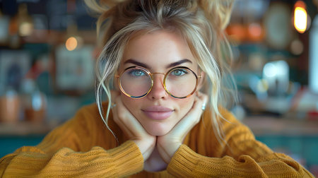 Portrait of beautiful young woman with glasses in a cafe. Blurred background.の素材