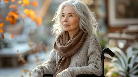 Portrait of a senior woman sitting in a wheelchair in a cafe.の素材