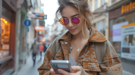 Stylish young woman wearing sunglasses and trendy clothes pays for coffee using cryptocurrency app on her smartphone. Busy city street in backgroundの素材