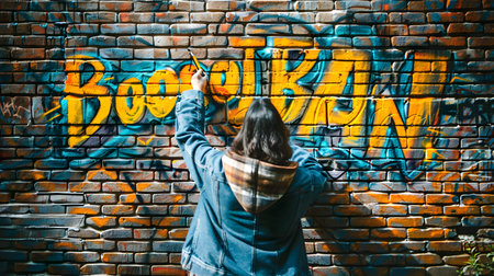 Young woman painting graffiti on brick wall. Street art concept or Boycott Brands.の素材