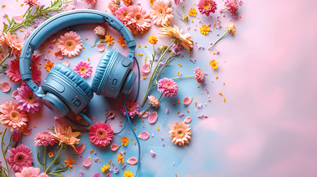 Blue over-ear headphones adorned with fresh flowers and peach gerberas on pink background. Visually contrast between technology and nature.の素材