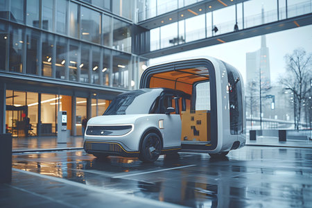 Aerodynamic futuristic electric delivery truck delivery on futuristic cityscape with skyscrapers.の素材