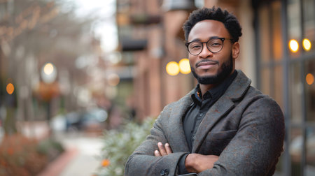 Portrait of confident African American male CEO in street city. Copy space.の素材