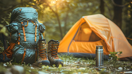Hiking. Backpack, boots and orange tent set up in a picturesque forest. Outdoor recreation.の素材