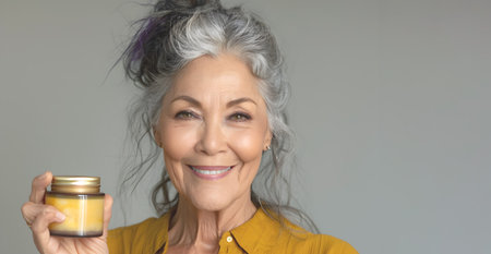 Portrait of an elderly woman with a joyful expression holding a jar of natural cream on gray background. Advertising of age-related cosmetics.の素材